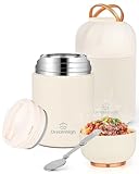 Dreamhigh Termo Comida Caliente 850 ml, Recipiente Térmico para Comida con Asa, Frasco Acero Inoxidable fiambrera termica con Cuchara Plegable, para sopa, pasta (Blanco)
