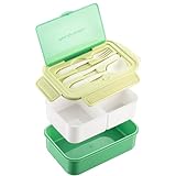 VIVIIHOO Fiambrera con compartimentos,a prueba de fugas e incluye cubiertos-Caja Bento para la escuela,el trabajo y el picnic,1400 ML-Caja de aperitivos para niños y adultos,apta para microondas,verde