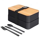 VBOK IGFE Bento Box - Fiambrera japonesa con compartimentos, 3 piezas, con tapa de bambú, para la escuela y el trabajo, para niños y adultos