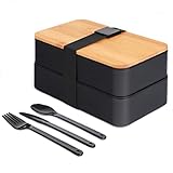 VBOK IGFE Modern Japanese Bento Box - Juego de 3 piezas con tapa de bambú y 3 cubiertos, rectangular, 1200 ml, color negro