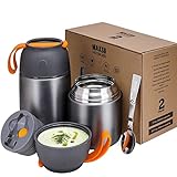 LOGEEYAR Recipiente térmico para alimentos, 500 ml y 700 ml, de acero inoxidable, con cuchara plegable, comida, sopa, gachas, yogur, termo de viaje, 2 recipientes aislantes, color gris