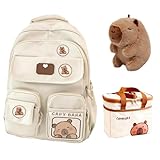 Capybara - Mochila para la escuela con fiambrera, bonita mochila estética Kawaii con pin y accesorios, beige, M