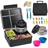 Lonchera Bento con termo de sopa de 9.5 onzas, caja bento a prueba de fugas para niños, 4 compartimentos, con magdalenas de silicona, tenedor de frutas, cuchara y taza de salsa, tarro de alimentos