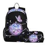 famyily Mochilas para niños con textura de vidrio, diseño de mariposas moradas con fiambrera, bolsa escolar y lonchera para niños, bolsa de libros para niños de 7 a 10 años