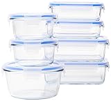 Amazon Basics Recipientes Herméticos para Alimentos con Tapas de Vidrio con Cierre, Set de 14 Piezas, 7 Bases y 7 Tapas de Plástico, Transparente, Azul, Libre de BPA