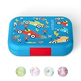 VINSUN Fiambrera Infantil con 4 Compartimentos - Sin BPA, Prueba de Fugas, Aptos para Lavavajillas y Microondas - Bento Box con Coches para Guardería, Colegio, Excursiones