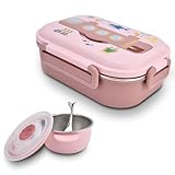 Fiambrera de oficina para niños y adultos, fiambrera de acero inoxidable a prueba de fugas con 3 compartimentos, sopa, cuenco y cuchara para trabajo escolar, color rosa