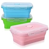 3 Pcs Fiambrera Plegables de Silicona, 500ml Contenedor de Alimentos Lunch Box Hermetica, Bento Box para Microondas y Refrigerador, Loncheras Plegables para Escuela Trabajo