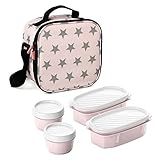 Tatay Urban Food Casual - Bolsa Térmica Porta Alimentos, con 4 Tuppers Herméticas, 2 x 0.5L, 2 x 0.2L, Color Rosa con Estrellas, Medidas 22.5 x 10 x 22 cm, 3L de Capacidad