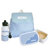 Pack Escolar Infantil Personalizado 3 Piezas – Mochila, Fiambrera y Botella de Aluminio con Diseño Cuadros Azules. Vuelta al Cole, Excursiones y Regalo Original para Niños. Kit Escolar Completo.