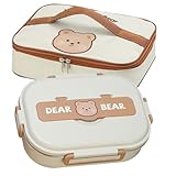 Lunch Box Niños con Bolsa Térmica de Transporte. 4 compartimentos + bowl con cierre hermético - Incluye Cubiertos - Ideal para la escuela y excursiones - Conejo y Oso (Oso - Marron)