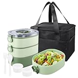 3 en 1 Fiambreras Comida Trabajo, 2800ml Bento Box con Bolsa Térmica Cubiertos, Lunch Box Niños Adultos, Tupper Compartimentos Sin BPA, Tapers Comida Hermetico, Lonchera Microondas Escuela (Verde)