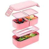 Bugucat Fiambrera 1300ML, 2 en 1 Capas Bento Lunch Box Prueba Fiambrera Apilable de Fugas con 3 Compartimentos, Lonchera con Cubiertos Niños Adultos, Bento Box Sin BPA Ideal Para,Picnic,Trabajo,Rosa