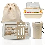 Fiambrera comida trabajo, Lunch Box, Bento Box Fiambrera 1100ML con 2 Compartimentos Y Cubiertos, Libre de BPA, Para microondas y lavavajillas, Vaso antifugas y bolsa de trasporte,set ecofrienly