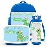 makana | Pack Vuelta al Cole Personalizado – Mochila Infantil + Fiambrera 2 Compartimentos + Botella 600 ml - Libre de BPA – Guardería, Colegio y Extraescolares (PACK_COLE_DINO_AZUL)