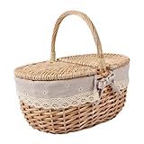 perfk Cesta de Mimbre para Picnic, Cesta de Almacenamiento con Tapa y asa, contenedor rústico, Cesta Tejida de Mimbre para Exteriores, Fiestas en la Playa, Gris Beige, pequeño