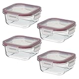 LOLAhome Set de 4 fiambreras de cristal con tapa hermética de 530 ml. Juego de 4 recipientes herméticos de vidrio de borosilicato transparente apto para microondas, horno hasta 400ºC y congelador.
