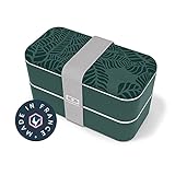 MONBENTO - Fiambrera Lunch Box MB Original Jungle Made in France - Bento Box con 2 Compartimientos Herméticos - Caja Bento Trabajo/Escuela - Sin BPA - Segura y Duradera - Patrón Hojas - Verde