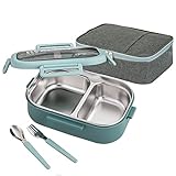 Lille Home 850ml de acero inoxidable a prueba de plomo 2 compartimentos/contenedor de alimentos con bolsa de almuerzo y cubiertos, sin BPA (verde)