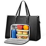 MATEIN Bolso Portatil Mujer con Compartimento Aislante para el Almuerzo, Bolsos para Universitarias para 15.6 Portatil Lunch Bag Cuero PU Impermeable Bolsa Shopper Grande Uso Diario Trabajo, Negro