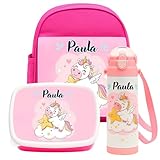 makana | Pack Vuelta al Cole Personalizado Unicornio Rosa – Mochila Infantil + Fiambrera 2 Compartimentos + Botella 600 ml - Libre de BPA – Guardería, Colegio y Extraescolares