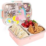 PinkSheep Lonchera Bento de acero inoxidable para niños, 800 ml, sin BPA, a prueba de fugas, con 3 compartimentos, contenedor de comida para niños y estudiantes escolares (unicornio 2)