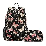 miaozhen Mochila escolar con diseño de mariposas, color melocotón, color negro y melocotón, con fiambrera, para niñas y niños de 8 a 10 años, Mariposas Negro Durazno, 1 size, Mochilas Daypack