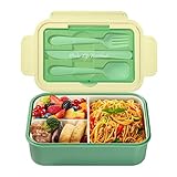 Diboniur Fiambrera con 3 Compartimentos y Cubiertos Infantil Adulto, 1400ml Lunch Box Fiambrera Hermetica Comida Trabajo Escuela Picnic Microondas (Verde)