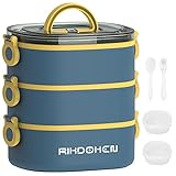 Fiambrera, Contenedores Apilables de 3 Capas, Caja Bento a Prueba de Fugas de Gran Capacidad de 2800 ml con Cajas de Cuchara, Tenedor y Salsa, Apta para Microondas para Niños y Adultos