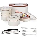 BELLE VOUS Set de Termo Fiambrera con Cubiertos - 4x Cajas Bento Apilables Beige de Acero Inoxidable con Bolsa Termica - Taper para Comida Caliente y Solidos de Adulto Niño o Bebe