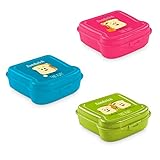 Hega Hogar PACK de 3 Fiambreras para Almuerzos y Meriendas con Dibujos divertidos para Niños. Plástico libre de BPA (Azul, rosa, verde Sandwich)