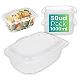 IAMI Pack 50 Fiambreras Reutilizables con Tapa Bisagra – Polipropileno (PP) – Aptas para Microondas y Lavavajillas – 1000 ml – Uso Alimentario Seguro – Envases Resistentes y Duraderos