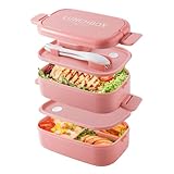 Beeptrum Fiambrera Bento Apilable,Envases de 1400ml con 4 Compartimentos y Cubiertos, Cajas de 2 Capas a Prueba de Fugas, para Adultos Niños Oficina, Apta para Microondas Lavavajillas(Rosa Puro)