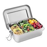 BUCOMTU 850ml Fiambrera Acero Inoxidable, Fiambreras Comida Trabajo con 2 ParticióN ExtraíBle, Fiambrera Metalic Portátil Duradera y Ecológica, Fiambrera a Prueba de Fugas para Niños y Adultos