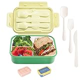 Hotec Bento Box para adultos, fiambrera para niños, 1100 ml, con tenedor y cuchara, cuchillo, 3 compartimentos, sin BPA y apto para alimentos, fiambrera Bento (verde)