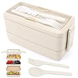 Fiambrera de 3 capas, caja Bento 4 en 1 con tenedor y cuchara, caja de almacenamiento de alimentos de 1000 ml para hombres, mujeres, estudiantes, microondas, lavavajillas, apta disponible (Beige)