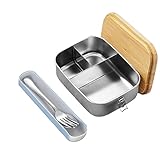 Toothbace Fiambrera de acero inoxidable con tapa de madera, 1200 ml caja bento de acero inoxidable con tapa de bambú natural fiambrera con 3 compartimentos para la escuela el trabajo el picnic