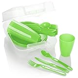 COM-FOUR Set de Picnic de 31 Piezas, vajilla para 6 Personas, Ideal para Acampar, Playa y Viajes de mochilero (Verde)