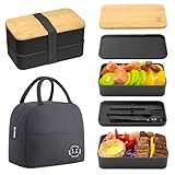 Fhioevt Lunch Box Lonchera con 2 Compartimentos 1200ml Fiambrera con Cubiertos y Bolsa Termica Porta Alimentos Fiambrera Bambú Japonesa Caja Bento Box para Adultos Niños Escuela Trabajo (Negro)