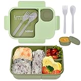FESSOSKO Fiambrera con Cubiertos y Recipiente para Salsas, Bento Box con 3 Compartimentos, Lunch Box Antifugas, Lonchera para Niños y Adultos, Ideal para Escuela, Trabajo o Picnic – Verde