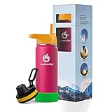 hydro2go Botella de Acero Inoxidable para Niños - 100% Antifugas, Libre de BPA con 2 Tapas (Pajilla y Deportiva) - Botella Térmica para Niños (Pink) - 530ml