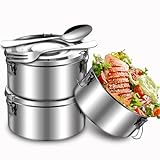 Plstod 3 recipientes plateados de acero inoxidable con tapa, recipiente de acero inoxidable de 360 ml, recipiente de metal a prueba de fugas (con cuchara y tenedor), caja de sándwich para niños
