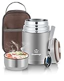 Dreamhigh Termo para Comida 800 ml, Recipiente Térmico para Comida, Frasco Acero Inoxidable Contenedor Térmico con Bolsa Aislada e Cuchara Plegable, para Adultos Niños-Sin BPA (Gris)