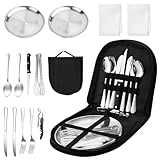 Conjunto de Cubiertos de Camping de 14 Piezas, Acero Inoxidable Juego de Cubiertos de Viaje Portátil, Camping Accesorios Portátiles para Picnic, Viaje, Camping, 2 Personas