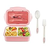 Newpop Fiambrera con 3 Compartimentos y Cuchara Tenedor 1400ml, lunch box Sin BPA Hermetica fugas, bento box para Microondas y Lavavajillas, loncheras para Adultos Niños Escuela Trabajo, rosado