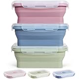 Hooolee Juego de 3 Fiambrera de Silicona, Plegable Recipientes Herméticos para Alimentos Reutilizable Fiambrera para Microondas, Frigorífico y Congelador 550ml