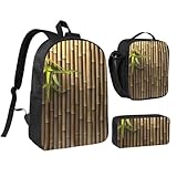 JEJEA Mochila con estampado de bambú de primavera con fiambrera, juego 3 en 1, bolsa de almuerzo, bolsa de lápices de 17 pulgadas para viajes, Negro, Talla única