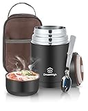 Dreamhigh Termo para Comida 800 ml, Recipiente Térmico para Comida, Frasco Acero Inoxidable Contenedor Térmico con Bolsa Aislada e Cuchara Plegable, para Adultos Niños-Sin BPA (Negro)