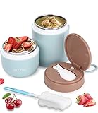 FAOKZE Taza de cereales 2 en 1, 430ml + 300ml taza de yogur de acero inoxidable con cuchara, para rellenar sopas, ensaladas, pasta, postres de yogur, para la escuela, oficina, viajes (blue)