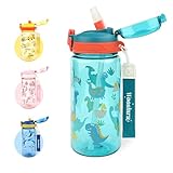 wooshwa Botella para Beber Campus Pop-up, 600ml Deportiva Botella Agua Niños con Pajita, Sin BPA y Apta para Lavavajillas (Dinosuar Verde)